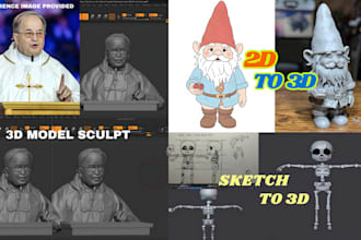 convert 2d to 3d model, sketch to 3d character model 3d printing stl step 3mf