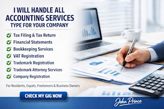 handle all accounting services bookkeeping, tax, trademark, company reg and more