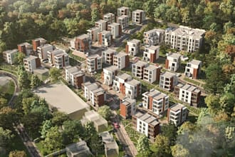 visualize 3d residential units,recreational amenities,aerial master plan render