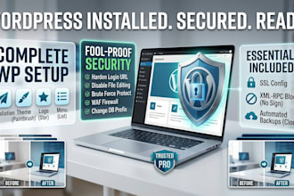 do wordpress installation, theme setup, and security hardening