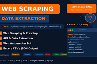 do web scraping using python,selenium, beautifulsoup, and scrapy to excel or CSV