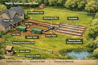 design septic system, septic tank and leach field plan