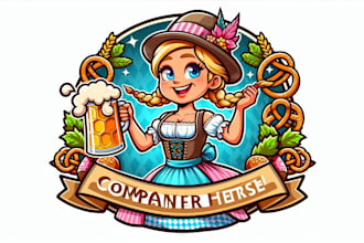 make an amazing oktoberfest girl with beer keg mascot logo design in 12 hours