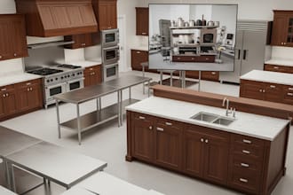 design professional kitchen layout with custom cabinetry and realistic 3d render