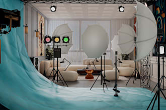 create realistic 3d podcast studio design, recording studio, TV streaming studio