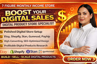 setup 7 figure shopify, etsy stan store gumroad payhip digital product store