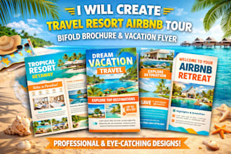 create travel resort airbnb tour bifold brochure and vacation flyer