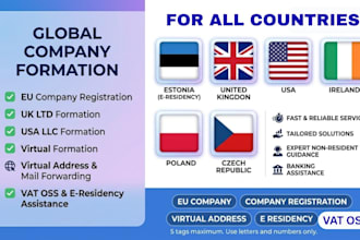 help you to register estonia, ireland, poland, czech, UK ltd, USA llc company