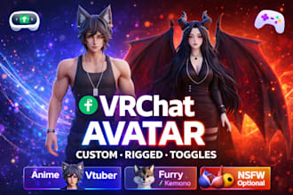 create custom vrchat avatar, anime, furry, vtuber model with rigging and toggles