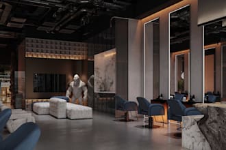 design 2d dwg file to 3d interior realistic render,commercial shop, barber salon
