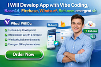 develop app with vibe coding, base44, firebase, windsurf, bolt new, emergent sh