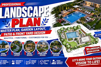 design landscape plan, master plan, garden design, patio and front yard design