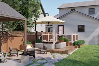 create 3d photorealistic exterior outdoor renders, landscape design, pool design