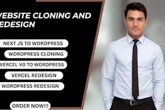 design and clone vercel v0, next js and replit website on wordpress