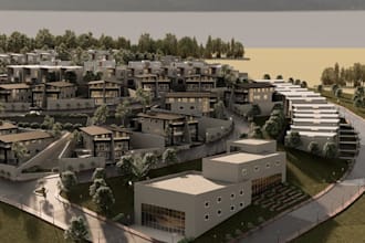 zone3d residential development,hillside estate,terraced townhouses,aerial render