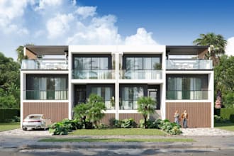 do apartment interior, house exterior, photorealistic render