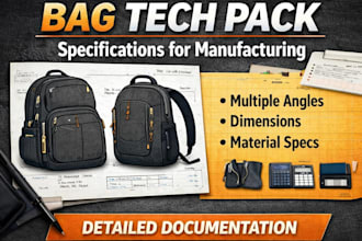 design bag tech pack with measurements, specs for manufacturing and production