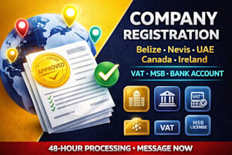 do company registration,vat,bank account,msb in belize,nevis,uae,canada,ireland