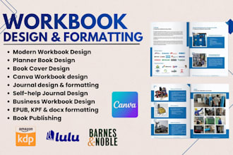 do modern workbook design and journal design in canva or indesign for amazon kpd