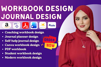 do modern workbook design and journal design in canva or indesign for amazon kpd