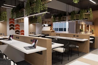modernize co working space interior, open plan office layout,meeting room render