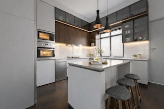 design modern kitchen with realistic 3d render and layout