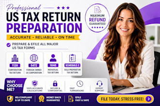 prepare and file your US tax return, form 1040, 1120, llc and business taxes