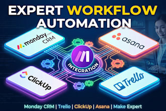 setup workflows automations on monday crm, trello clickup asana make integration