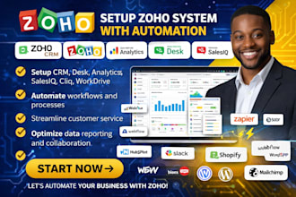 setup zoho crm zoho one analytics desk salesiq cliq workdrive with automation