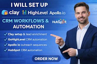setup clay com gohighlevel apollo io clay hubspot crm workflows n8n automation