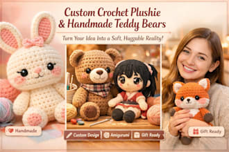 do crochet plushie character, handmade furs teddy bear custom plush toy amigurum
