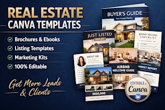 design editable canva real estate brochure, guide ebook, listing canva templates