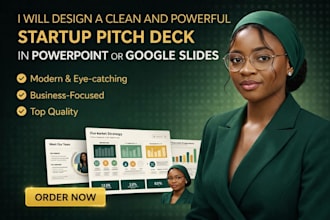 design a clean and powerful startup pitch deck in powerpoint or google slides