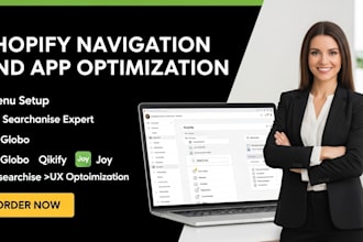 setup shopify navigation, menu, searchanise, globo, qikify, joy app optimzation