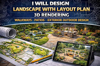 landscape with layout plan 3d rendering walkways, patios exterior outdoor design