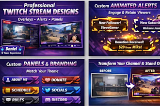 design animated twitch overlays, starting soon, brb and offline screens design