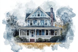 sketch and watercolor of house, building