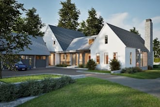 modern farmhouse exterior, 3d visualization, farmstay, pods design, rendering