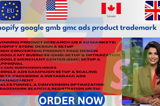 do product research design shopify seo gmb gmc google meta ads trademark us eu