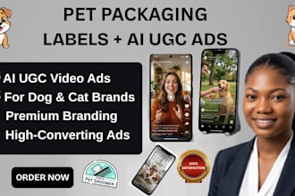 design pet packaging, labels and ai ugc ads for dog and cat brands