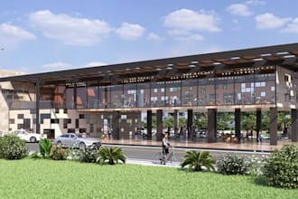 redesign 3d gymnasium, commercial fitness center, parking lot, cgi glass facade