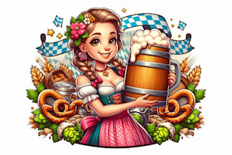 do oktoberfest girl with beer keg mascot logo for you in just 1 day
