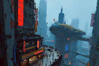create cinematic cyberpunk city illustrations