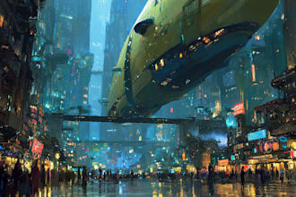 produce cyberpunk city illustrations with dark futuristic