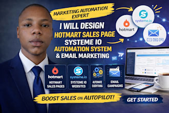 design hotmart sales page, systeme io, automation system, and email marketing