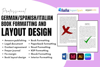 design format german spanish book, french manuscript, italian book layout design