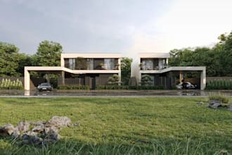 visualize cgi duplex house,parallel living,outdoor lounge,carport,garden render