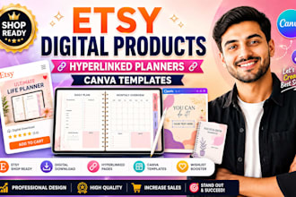 design etsy digital products, hyperlinked digital planners and canvas templates