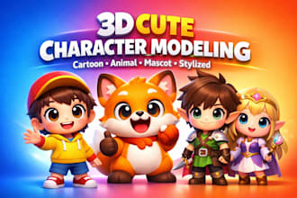 do 3d cartoon character, model cute 3d character modeling, animal and mascot