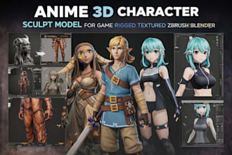 create anime 3d character sculpt model for game rigged textured zbrush blender